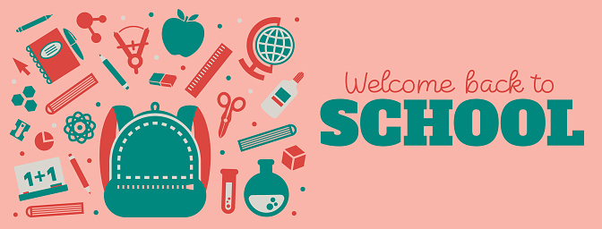 Vector banner design for Back to School with related icons and symbols. School-related banner design.