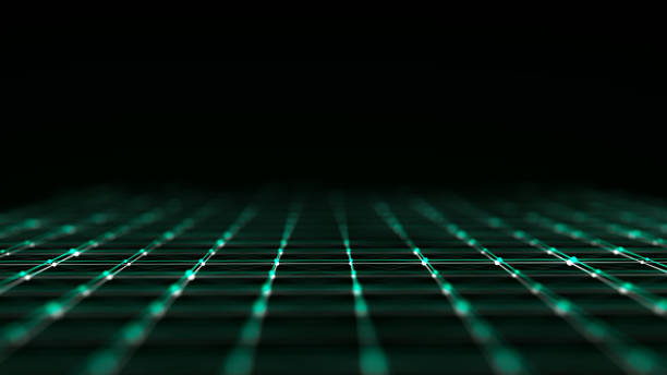 istock Futuristic perspective grid with glitch effect. Digital flow in cyberspace. Signal transmission damage. Network connection structure. 3D rendering. 1412155341