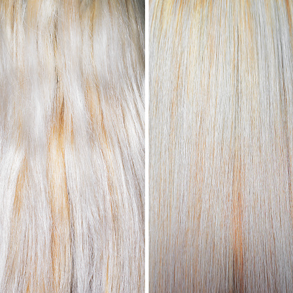 Keratin hair straightening. Photo with damaged hair and photo after treatment. Hair care. Comparison before and after, close-up.