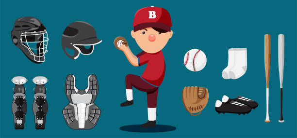 ilustraciones, imágenes clip art, dibujos animados e iconos de stock de conjunto de equipos de béisbol. bat, pelota, guantes de softbol, cascos de bateo, equipo de receptor y protectores de piernas. - men baseball baseball cap baseball bat