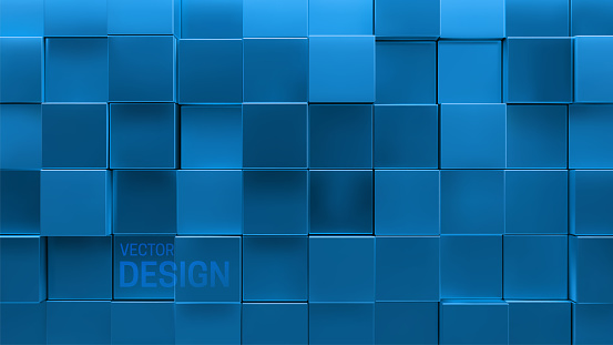 Blue cubic background. Random mosaic decoration. Vector geometric illustration. Glossy square shapes. Architectural abstraction. Interior concept.