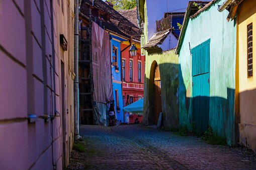 Sighisoara, Romania, May 13, 2019: Old and colorful houses in Sighisoara citadel Medieval architecture