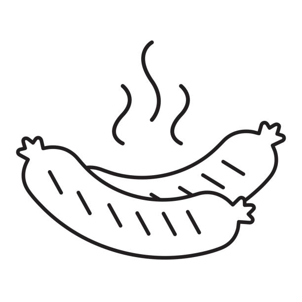 ilustraciones, imágenes clip art, dibujos animados e iconos de stock de embutidos calientes. contorno negro de salchichas calientes humeantes. comida deliciosa. un plato de carne tradicional. ilustración vectorial aislada sobre fondo blanco para diseño y web. - lunch sausage breakfast bratwurst