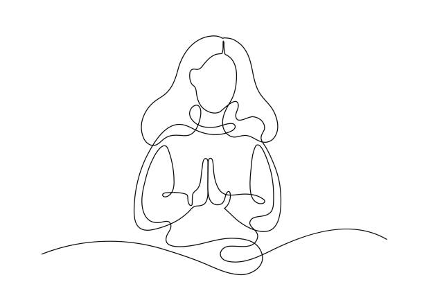 Praying woman. Praying woman. Religion, Christianity, faith concept. Continuous line drawing. anjali mudra stock illustrations