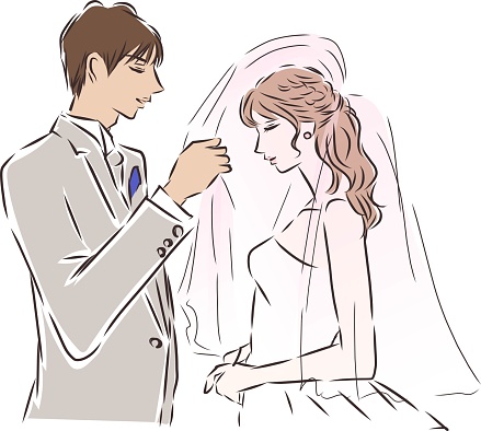 groom lift the  bride's veil