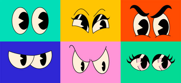 Cartoon vintage character comic eyes emotions set isolated on bright colored backgrounds. Vector illustration vector art illustration