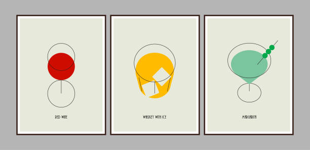 Set of minimalistic cocktail posters with  red wine and whiskey and margarita cocktail glasses isolated on light background for bar or pub or restaurant decoration or wall art print. vector art illustration