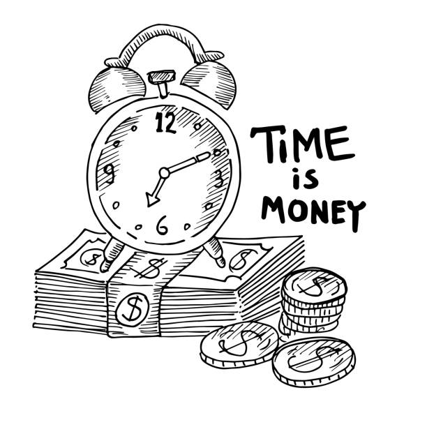 uhr und haufen dollar (time is money) - time time is money clock dollar sign stock-grafiken, -clipart, -cartoons und -symbole