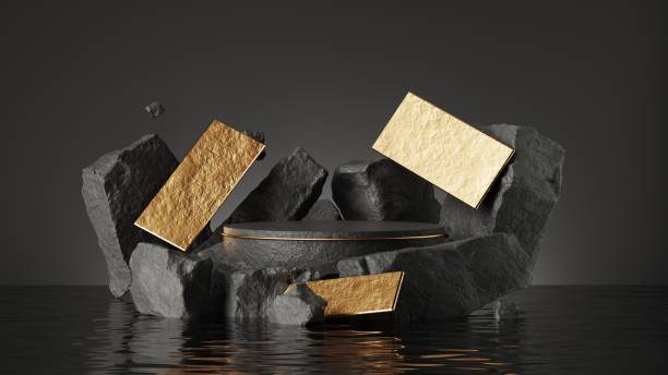 istock 3d render, abstract background with empty podium, golden geometric shapes, black rocks cobble stone ruins standing in the water with reflections. Futuristic showcase scene for product presentation 1412166152