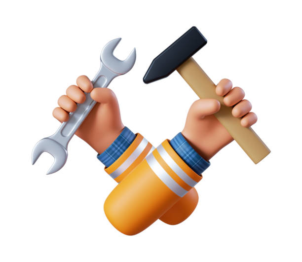 istock 3d render, cartoon human hands hold hammer and spanner wrench. Professional carpenter or woodworker with building tool. Construction icon. Renovation service clip art isolated on white background 1412166302