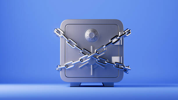 3d render, bank depositary safe box locked with chains, isolated on blue background. Savings protection concept
