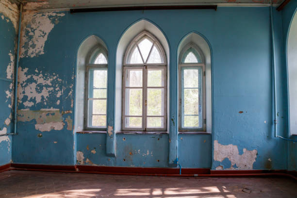 Interior of old abandoned Sharovka palace, also known as Sugar Palace in Kharkov region, Ukraine