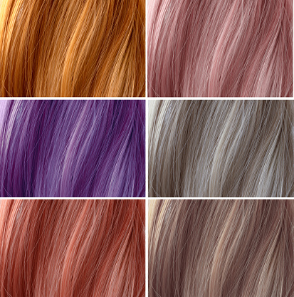 Colour swatches for hair dye. Hair colour palette with a variety of samples.