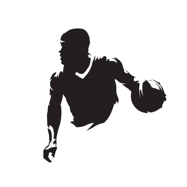 basketballspieler läuft mit ball, dribbelt. isolierte vektorsilhouette, tuschezeichnung, vorderansicht. basketball point guard illustration - streetball basketball sport men stock-grafiken, -clipart, -cartoons und -symbole