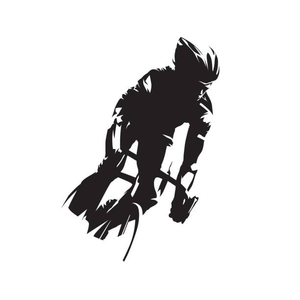 illustrations, cliparts, dessins animés et icônes de cyclisme. vue frontale du cycliste sur route. silhouette vectorielle abstraite isolée - triathlon cycling bicycle competition