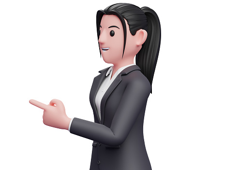 girl facing side and pointing, business woman in black formal suit illustration 3D rendering