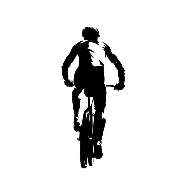 mtb 바이커, 리어 뷰. 산악 자전거 사이클링. 격리된 벡터 실루엣 - mountain biking mountain bike bicycle cycling stock illustrations