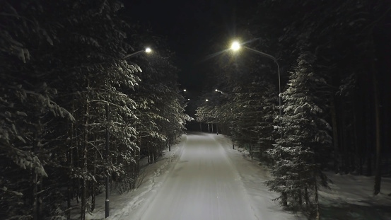 Aerial for snowy road at night in the pine trees forest in winter season. The empty night road with the light poles in the snowy cold weather.