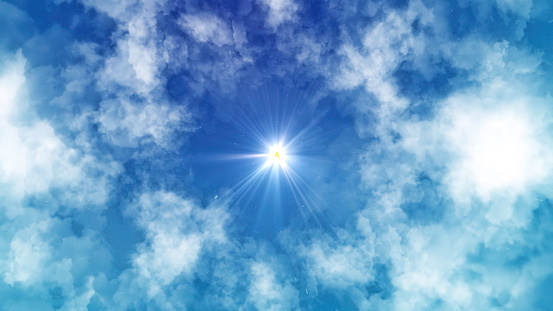 Sun with cloud on blue sky. This file is cleaned and retouched.