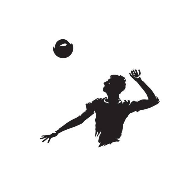 illustrations, cliparts, dessins animés et icônes de joueur de volley-ball servant le ballon, silhouette vectorielle isolée. logo de volleyball - volleyball silhouette volleying beach volleyball