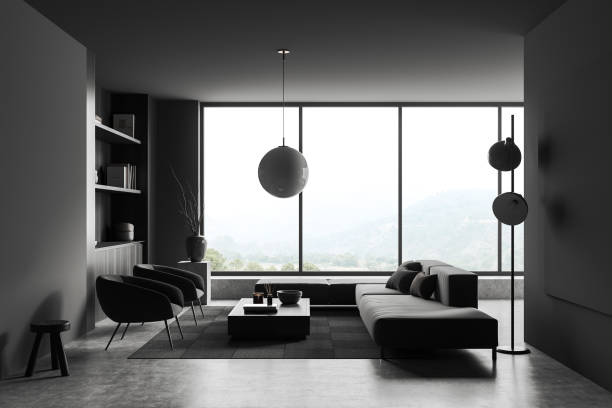 istock Grey living room interior with two armchairs and couch, panoramic window 1412173653