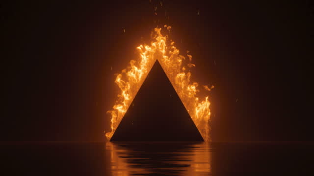 3d animation, abstract background with black triangle on fire, blazing flame