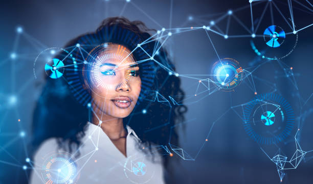 istock Black woman and biometric scanning, digital hologram with binary 1412175092
