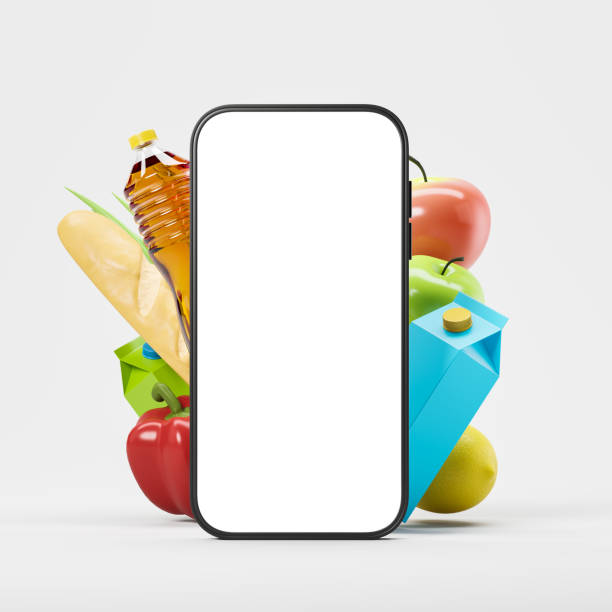 istock Phone and fresh eco products, light grey background. Mockup screen 1412175649