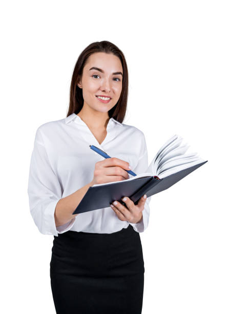 istock Office woman take note with notebook in hand. Isolated over white background 1412175662