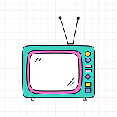 istock Retro TV in bright colors. Vector hand-drawn doodle illustration isolated on white background. Perfect for cards, decorations, logo, various designs. Nostalgia, 90s style 1412175747