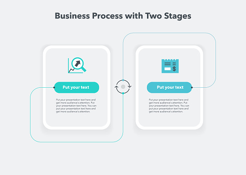 Simple business process diagram with two stages. Modern flat template for data visualization.