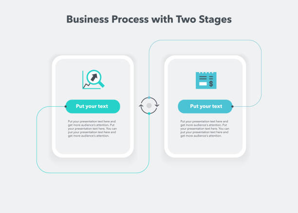 Simple business process diagram with two stages. Simple business process diagram with two stages. Modern flat template for data visualization. comparison infographics stock illustrations