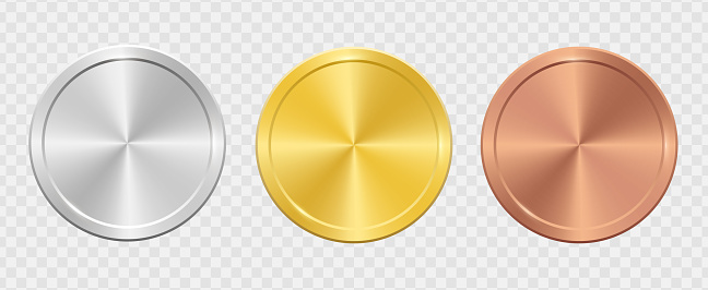 Medals vector collection. Set of shiny round awards in gold, silver and bronze colors. Luxury frames, decoration emblems. Isolated abstract graphic design template