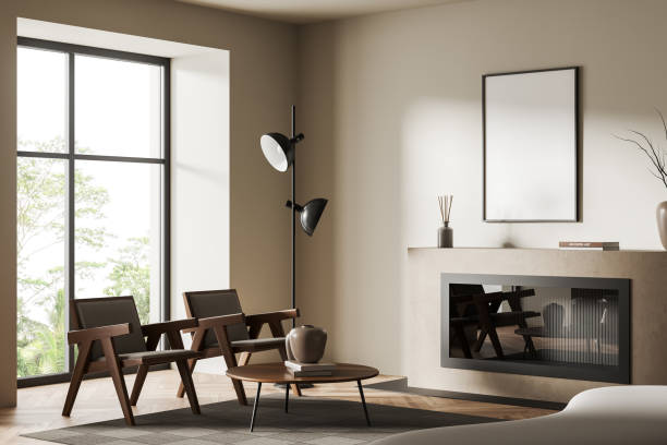 istock Living room interior with armchairs, fireplace and panoramic window, mockup frame 1412177294
