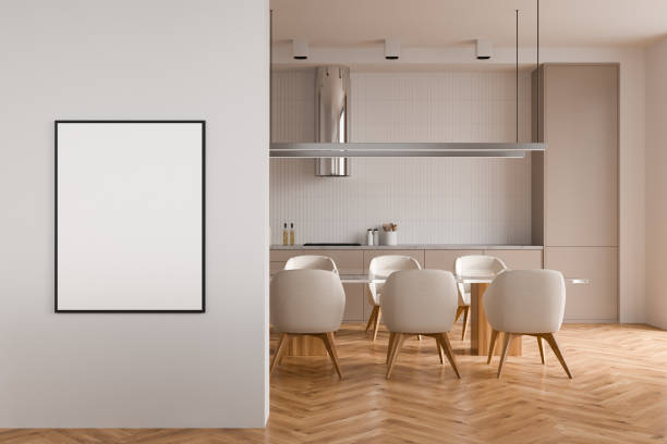 istock Kitchen interior with dining table on wooden floor, appliances. Mockup frame 1412178255
