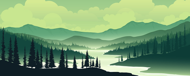 Landscapes with mountains and rivers, vectors, mountain shadows In the incoming or cold.