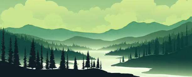 Vector illustration of Landscapes with mountains and rivers, vectors, mountain shadows In the incoming or cold.