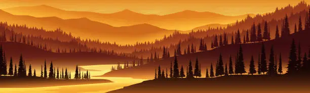 Vector illustration of Landscape of mountains, pine forests and rivers, panorama.