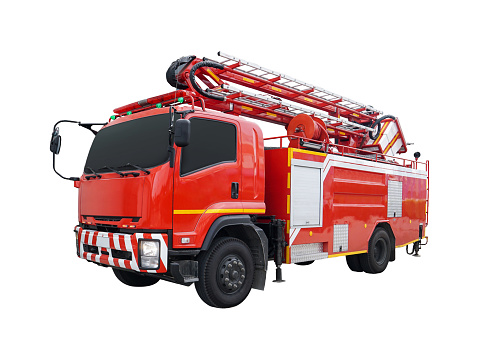 New red fire truck isolated with shadow. Has a precise clipping path. Fully retouched and cleaned up in Photoshop. Canon 5D.