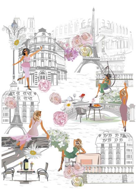 ilustraciones, imágenes clip art, dibujos animados e iconos de stock de serie de vistas a la calle con hermosas mujeres y lugares de interés en francia. fondo arquitectónico vectorial dibujado a mano. - moda londinense