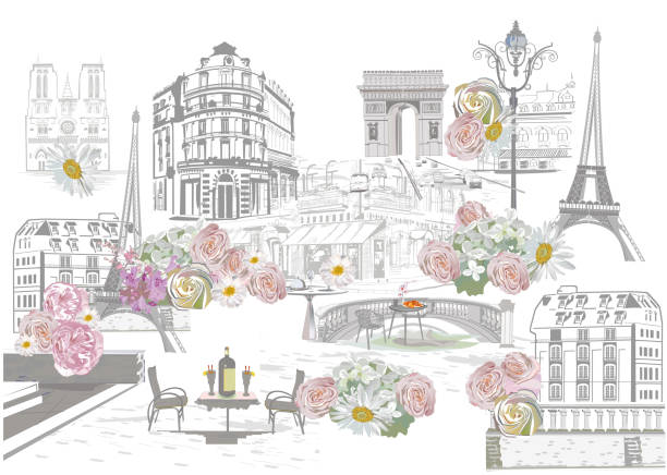Paris lettering decorated with flowers and the Eiffel tower and other architecture sights. Hand drawn vector illustration. Set of street views with cafes in Paris. Hand drawn vector architectural background with historic buildings. london fashion stock illustrations