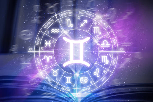 istock Gemini zodiac sign. Gemini icon on blue space background. Zodiac circle 1412182328