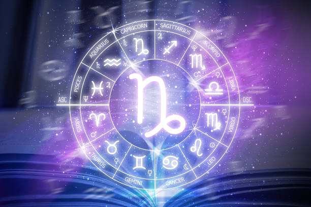 istock Capricorn zodiac sign. Capricorn icon on blue space background. Zodiac circle 1412182333