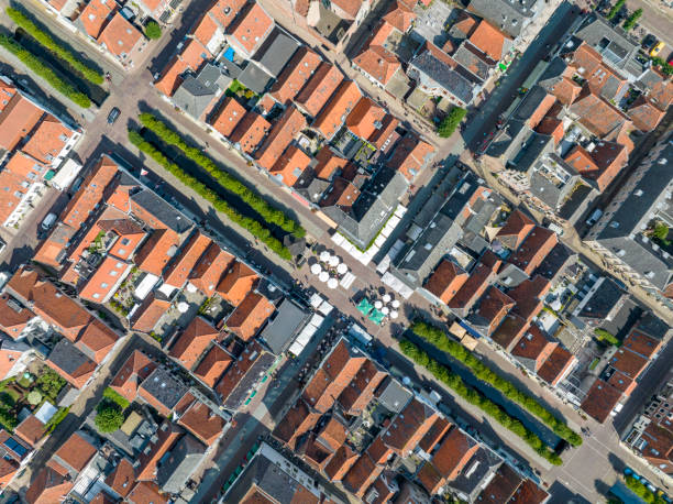 Elburg ancient walled town seen from above during a beautiful summer day in Gelderland, Netherlands. Elburg used to be a fisihing town, but now is more focussed on tourims for its location close to the Veluwemeer and Veluwe as popular tourist destinations.