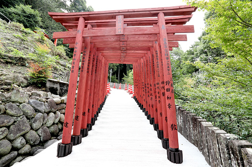 25 march 2019 - Itsukushima, Japan: View of Stone lantern and the Famous Torii gate in high tide of Japanese Inland Sea, on the shore of Miyajima Island.