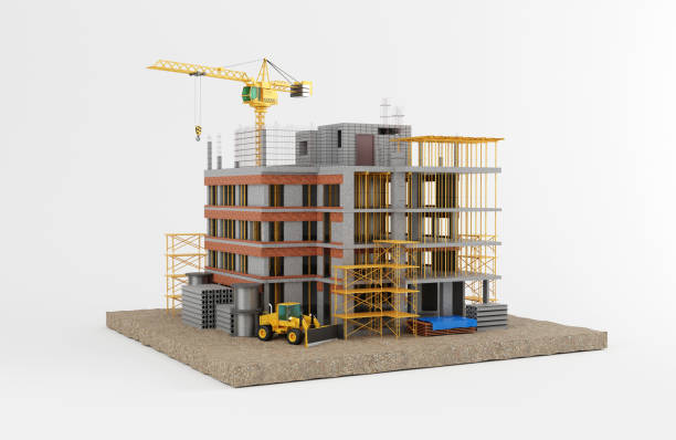 istock Construction of building  with crane and grader.3D rendering 1412187231