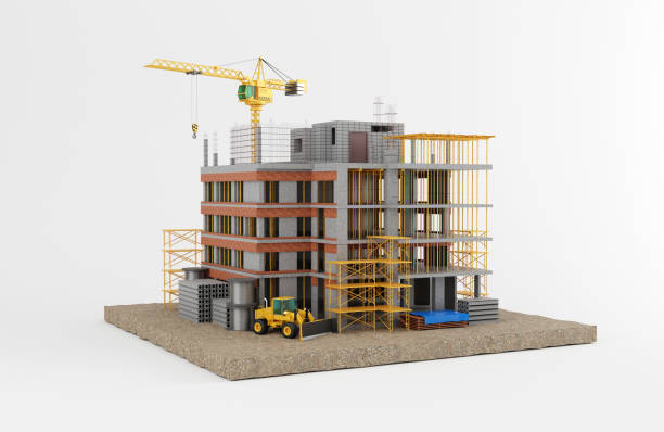 Construction of building  with crane and grader.3D rendering stock photo