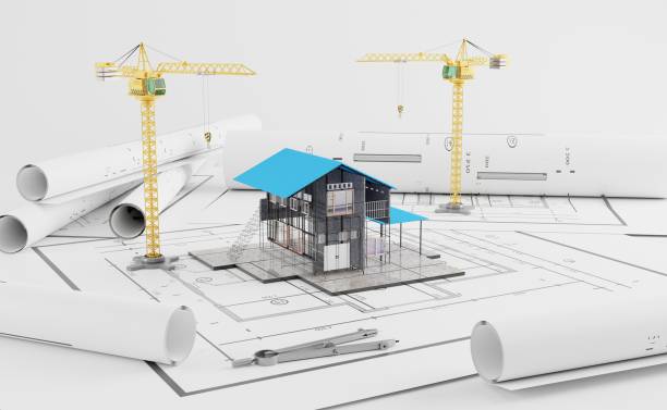 A model house on blueprints with equipment architect.3D rendering stock photo