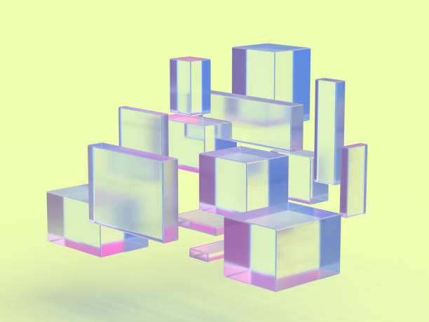 istock 3D rendered illustration of half-transparent blocks in different colors. Composition with glass cubes and glass fields. Visualization for data and technology. 1412188034