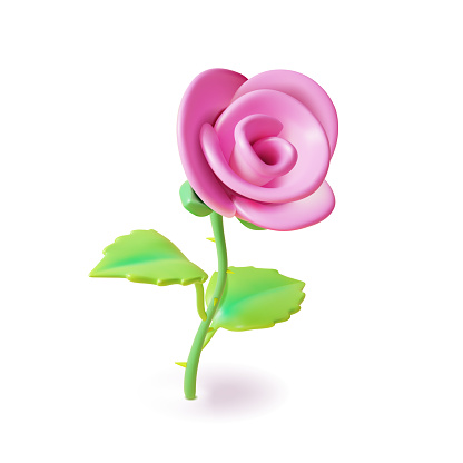 3d Pink Rose Flower Plasticine Cartoon Style Isolated on a White Background for Wedding Invitation. Vector illustration